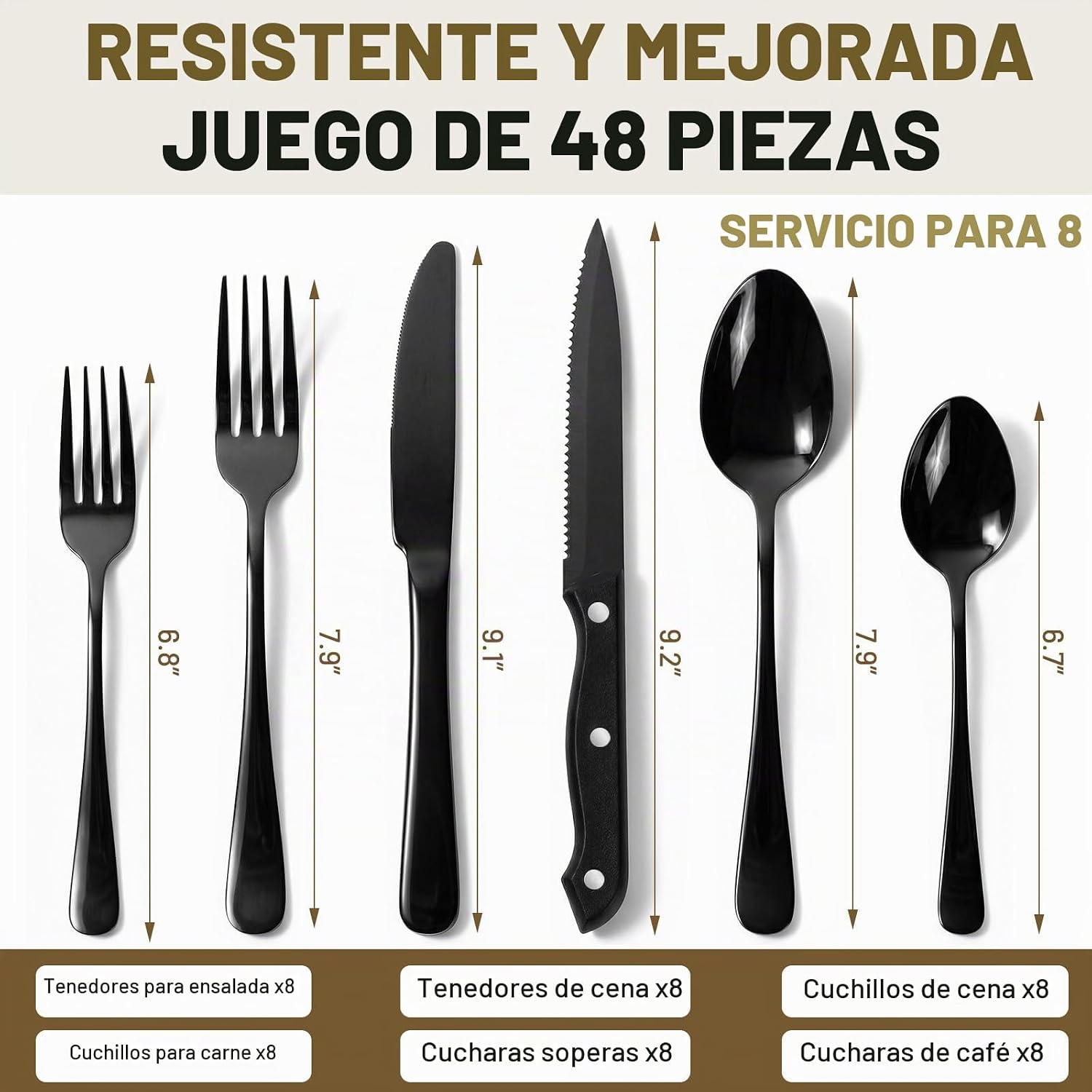 JUEGO DE CUBIERTOS KIKCOIN 48 PIEZAS ACERO INOXIDABLE NEGRO PARA 8 PERSONAS - 4