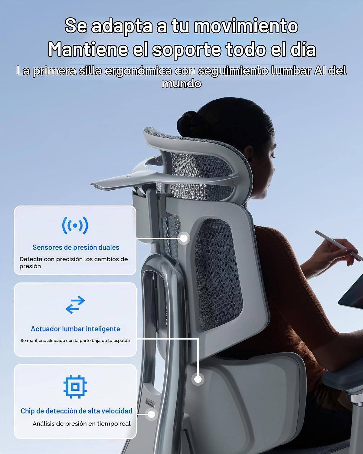 SILLA DE OFICINA HBADA X7 ERGONÓMICA CON SOPORTE LUMBAR INTELIGENTE GRIS - 2