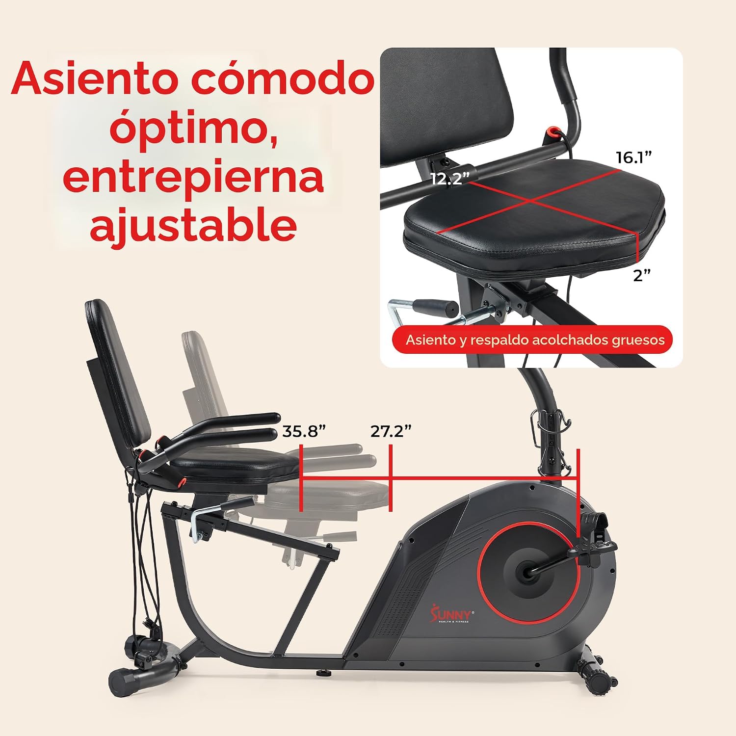 BICICLETA ESTÁTICA RECUMBENTE SUNNY HEALTH Y FITNESS SMART CON ASIENTO ANCHO ACOLCHADO - 3