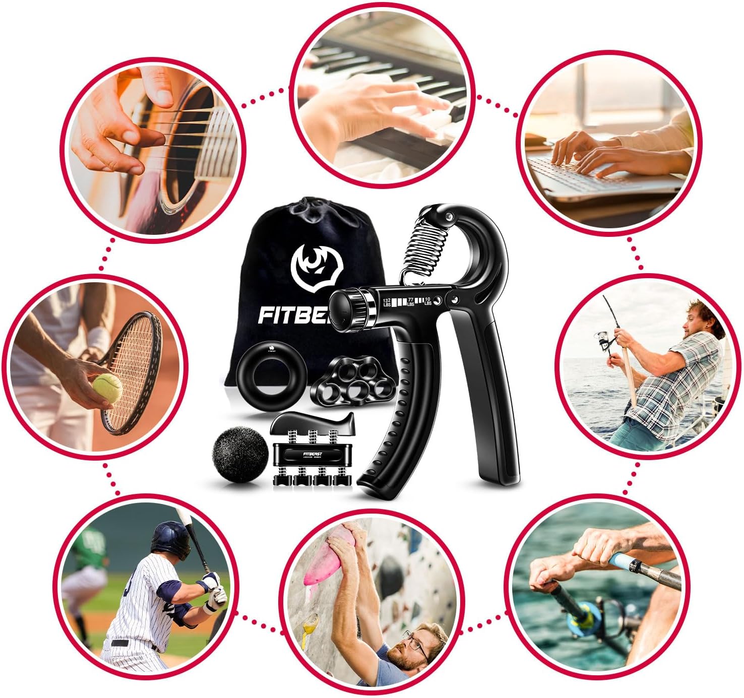 KIT DE FORTALECEDORES DE AGARRE FITBEAST 5 PIEZAS CON RESISTENCIA AJUSTABLE - 5