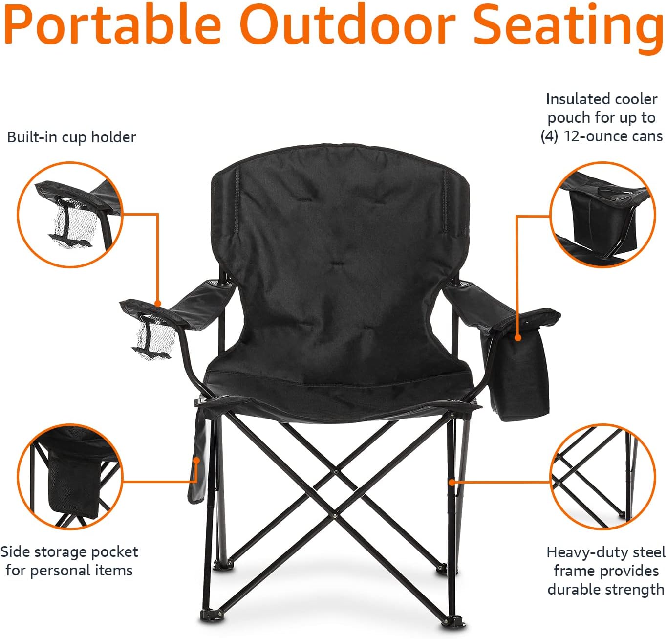 SILLA DE CAMPING AMAZON BASICS PLEGABLE EXTRA GRANDE NARANJA Y GRIS - 3