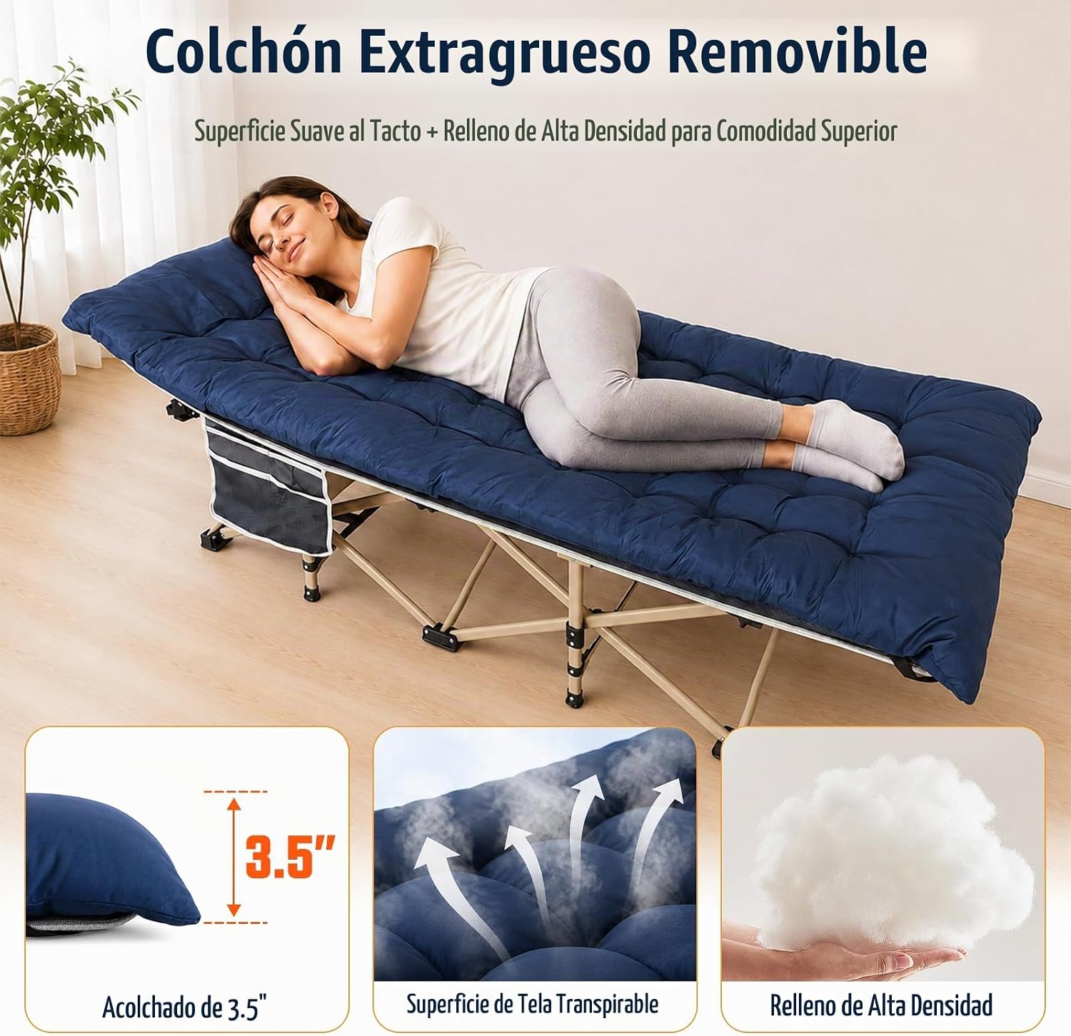 CATRE DE CAMPING ARAER 28 PULGADAS CON COLCHÓN AZUL MARINO - 4