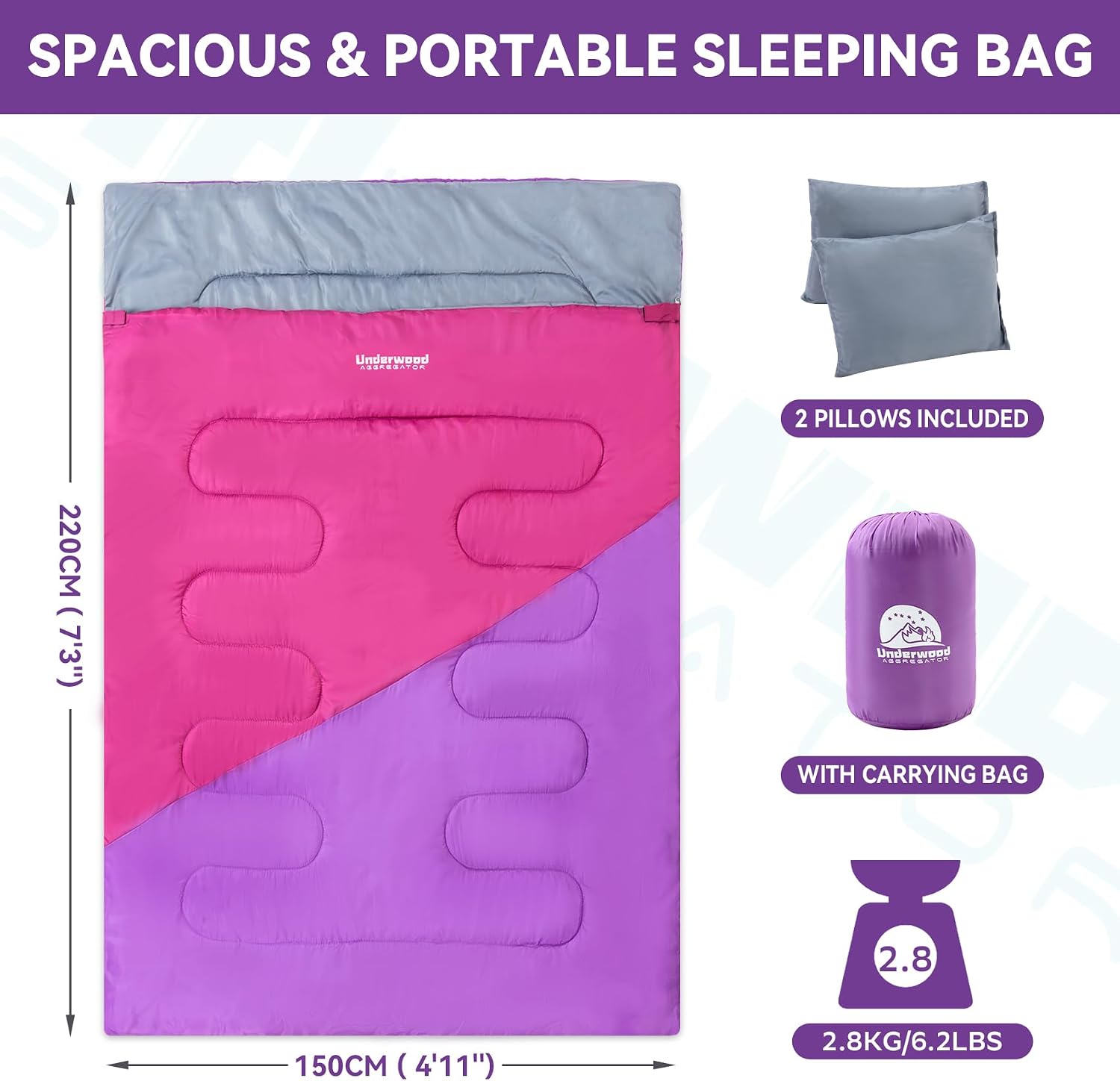 SACO DE DORMIR DOBLE PARA ADULTOS Y NIÑOS UNDERWOOD AGGREGATOR 86.6 X 59 PULGADAS - 3