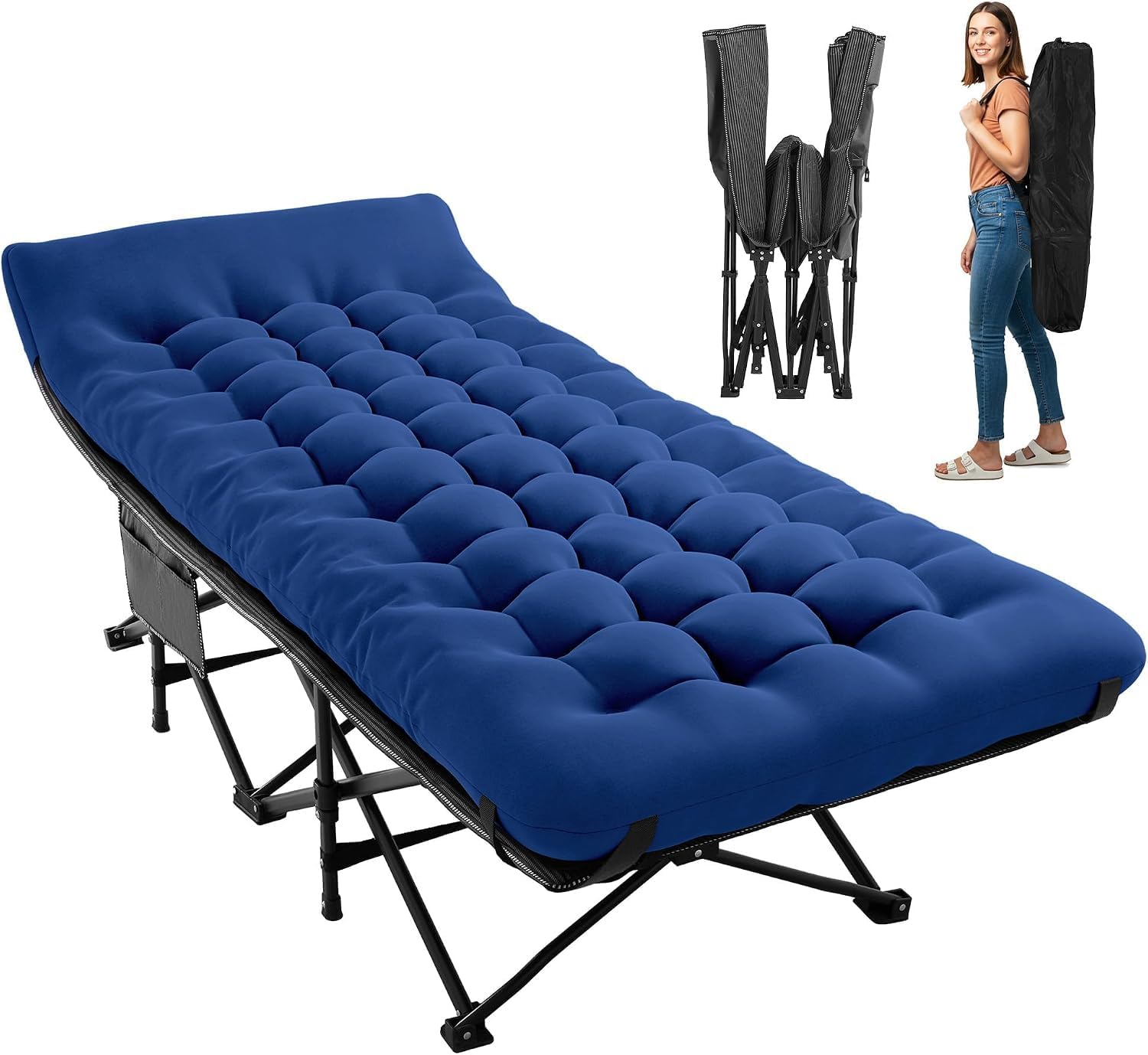 CATRE DE CAMPING PLEGABLE JEAREY PARA ADULTOS 28 PULGADAS CON COLCHÓN AZUL MARINO - 1