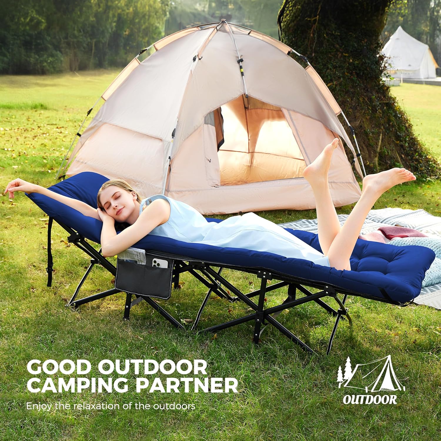 CATRE DE CAMPING PLEGABLE JEAREY PARA ADULTOS 28 PULGADAS CON COLCHÓN AZUL MARINO - 2