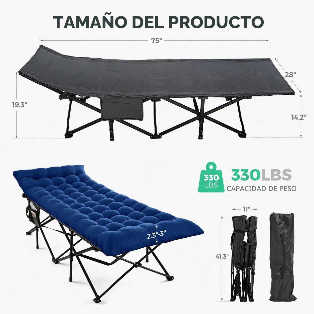 CATRE DE CAMPING PLEGABLE JEAREY PARA ADULTOS 28 PULGADAS CON COLCHÓN AZUL MARINO - 3