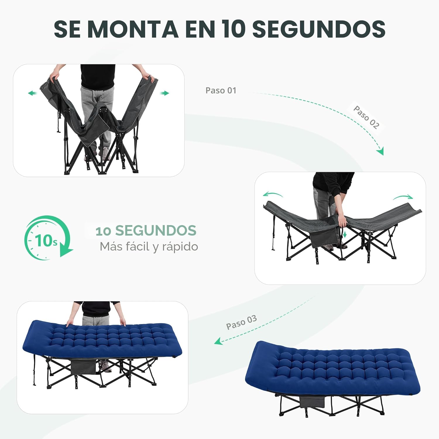 CATRE DE CAMPING PLEGABLE JEAREY PARA ADULTOS 28 PULGADAS CON COLCHÓN AZUL MARINO - 4