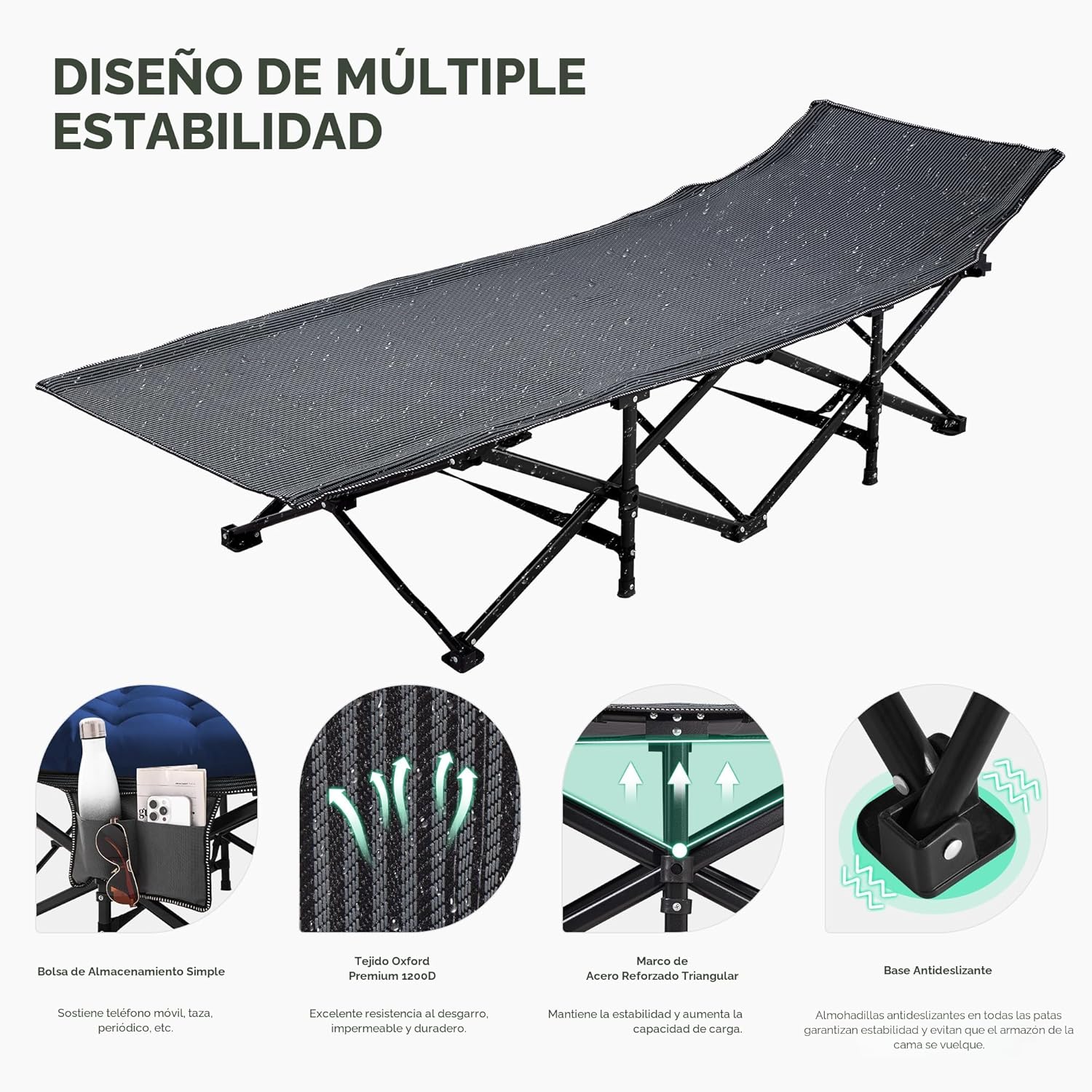 CATRE DE CAMPING PLEGABLE JEAREY PARA ADULTOS 28 PULGADAS CON COLCHÓN AZUL MARINO - 5
