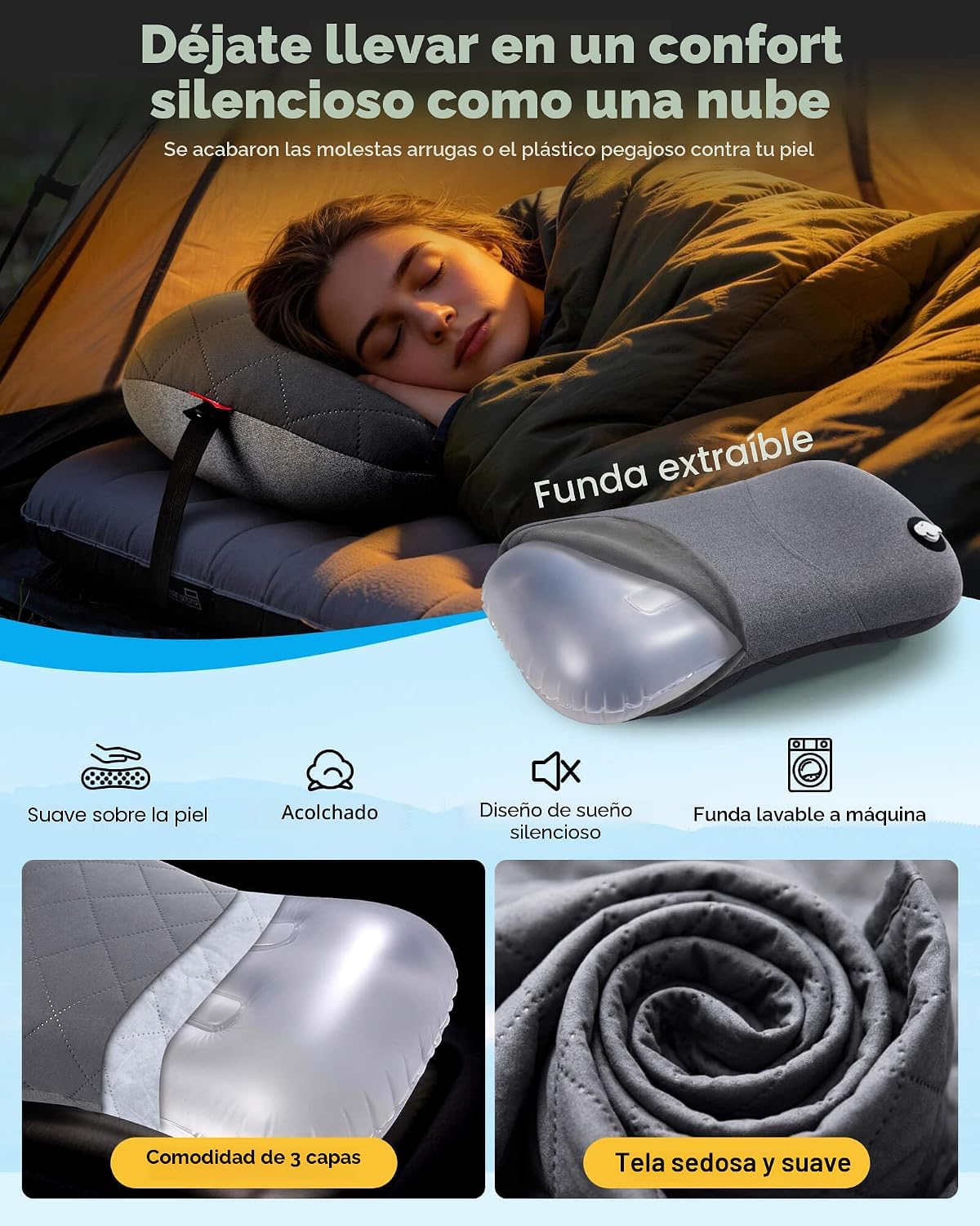 ALMOHADA INFLABLE HIKENTURE PARA CAMPING CON FUNDA REMOVIBLE ULTRALIGERA - 3