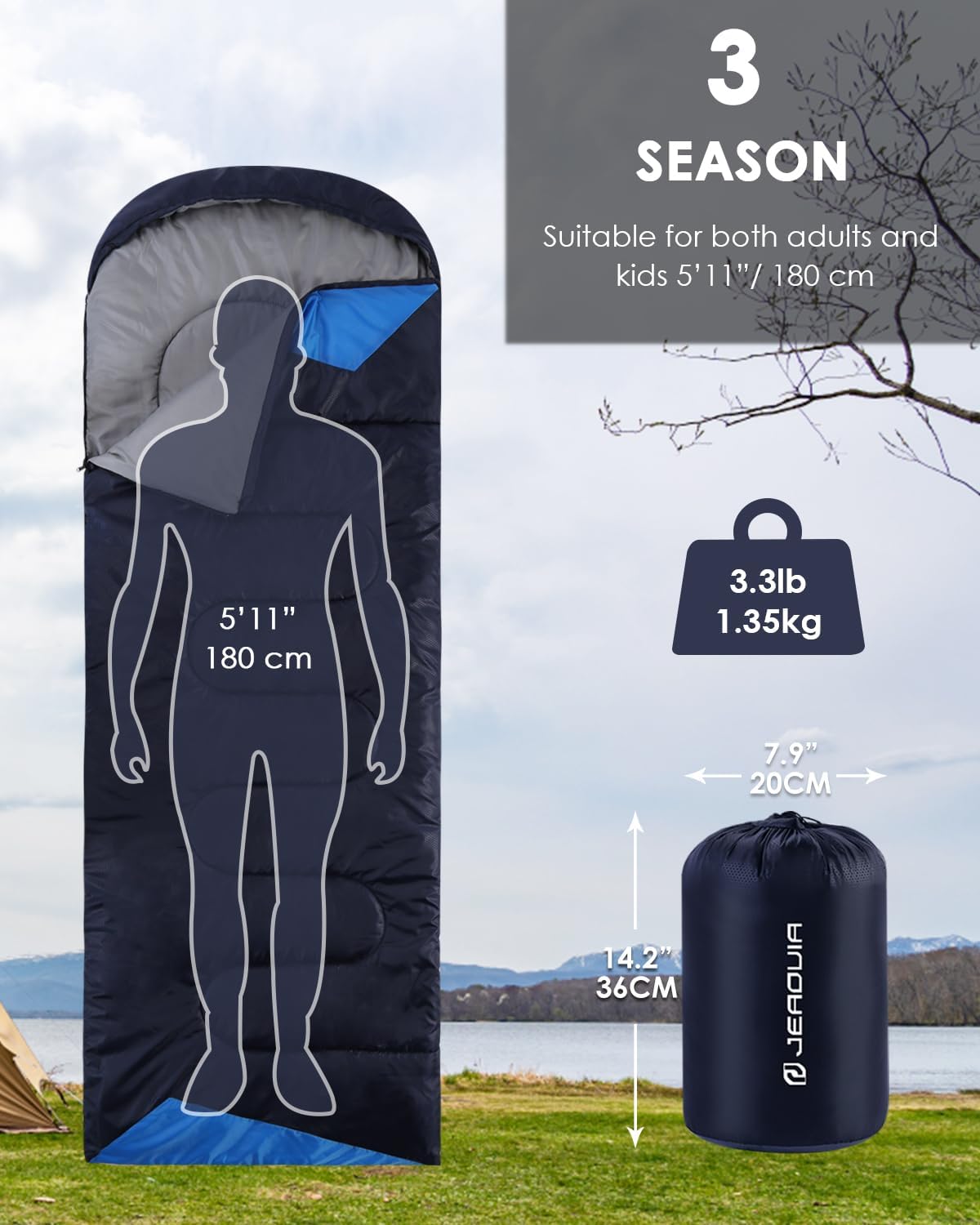 SACO DE DORMIR JEAOUIA PARA ADULTOS LIGERO IMPERMEABLE 220X80CM - 2