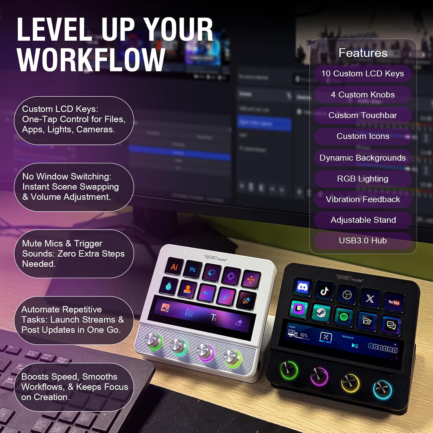 CONTROLADOR DE STREAMING VSD N4 PRO CON 10 TECLAS LCD, 4 PERILLAS RGB Y BARRA TÁCTIL - 3