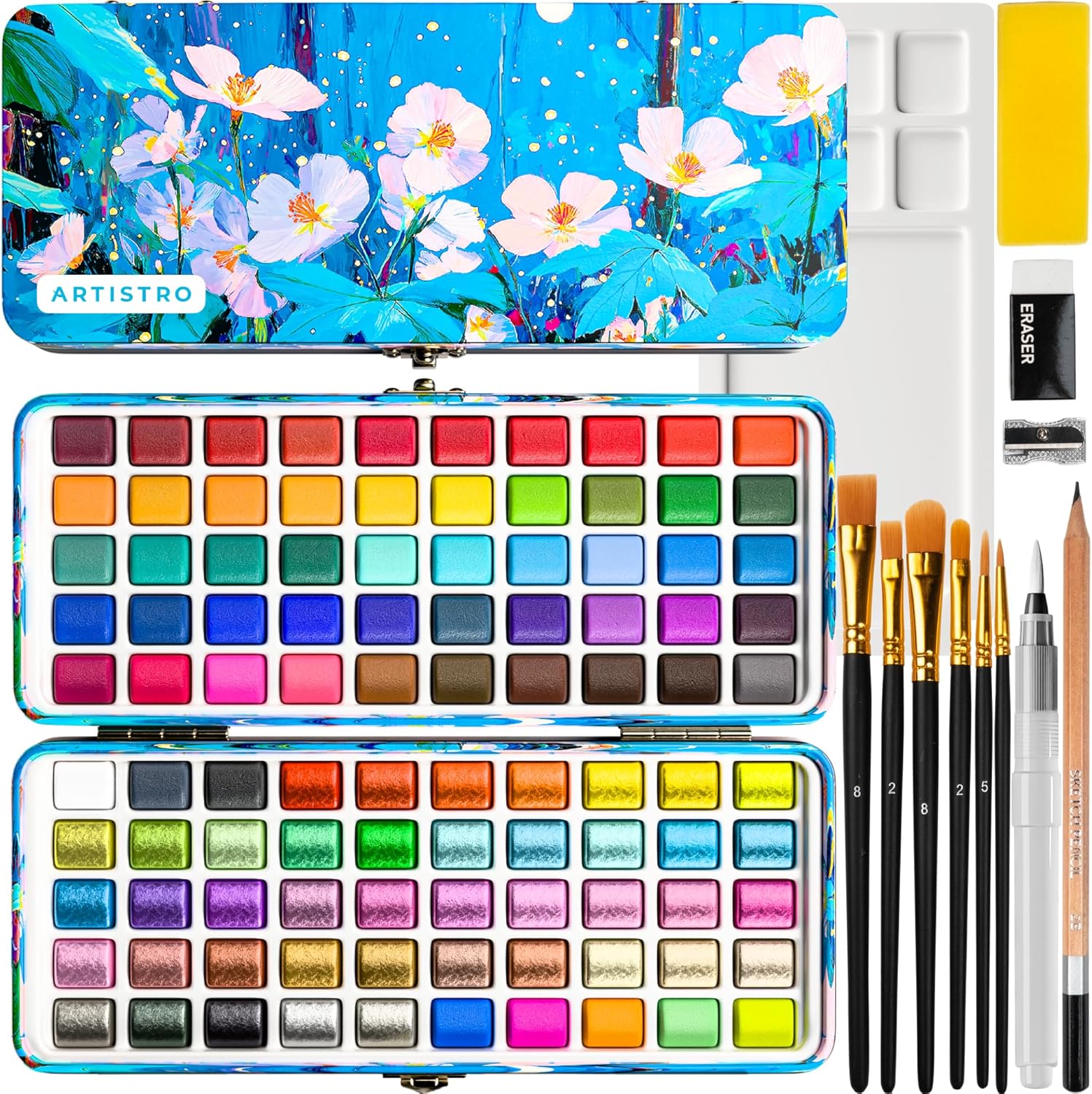 SET DE ACUARELAS ARTISTRO 100 COLORES CON PALETA Y PINCELES - 1