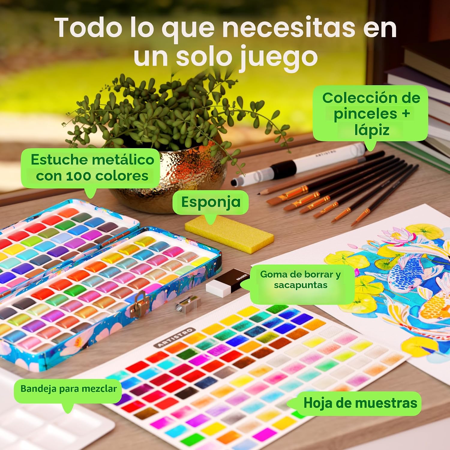 SET DE ACUARELAS ARTISTRO 100 COLORES CON PALETA Y PINCELES - 2
