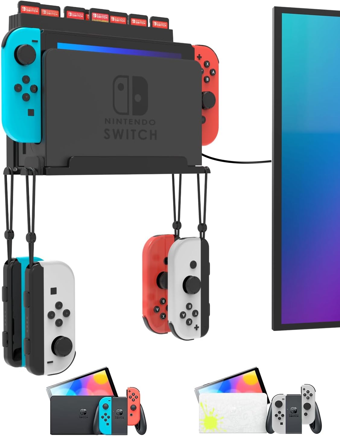 SOPORTE DE PARED PARA NINTENDO SWITCH Y SWITCH OLED CON 28 ESPACIOS PARA CARTUCHOS Y 4 GANCHOS JOY-CON NEGRO - 1