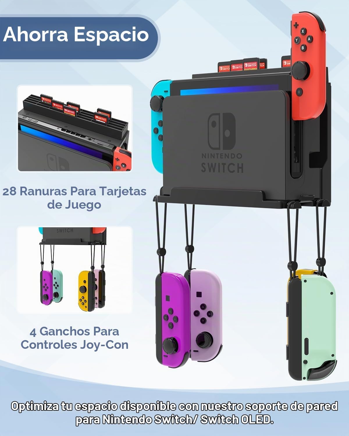 SOPORTE DE PARED PARA NINTENDO SWITCH Y SWITCH OLED CON 28 ESPACIOS PARA CARTUCHOS Y 4 GANCHOS JOY-CON NEGRO - 3