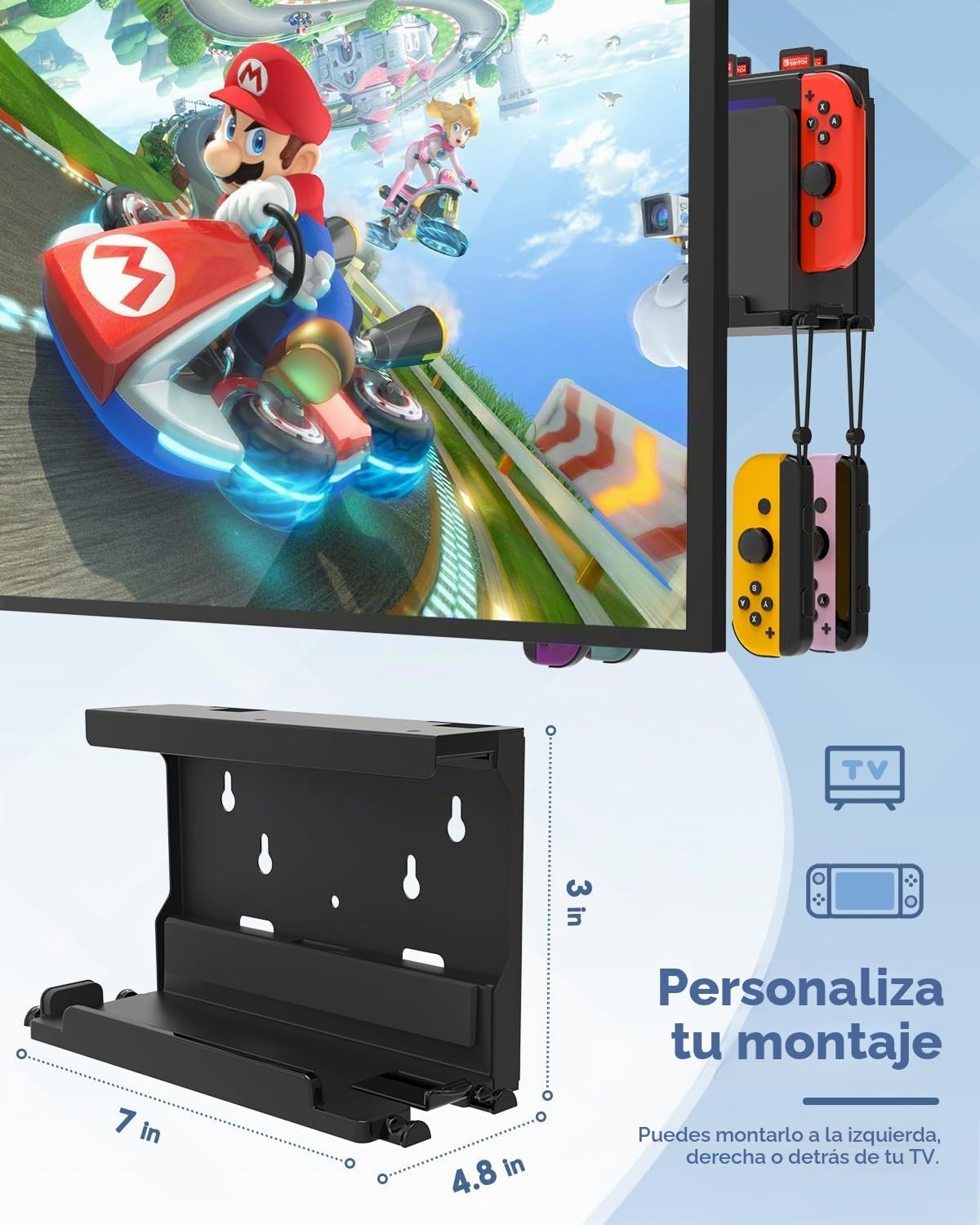 SOPORTE DE PARED PARA NINTENDO SWITCH Y SWITCH OLED CON 28 ESPACIOS PARA CARTUCHOS Y 4 GANCHOS JOY-CON NEGRO - 4