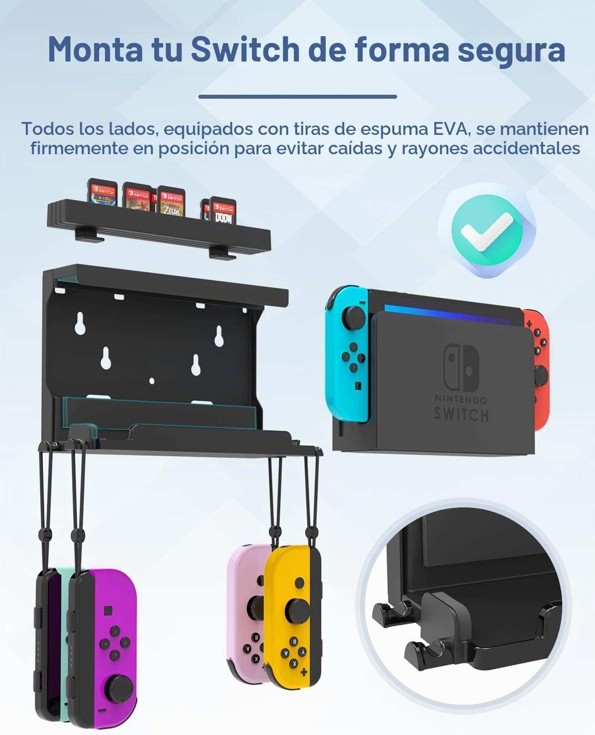 SOPORTE DE PARED PARA NINTENDO SWITCH Y SWITCH OLED CON 28 ESPACIOS PARA CARTUCHOS Y 4 GANCHOS JOY-CON NEGRO - 5