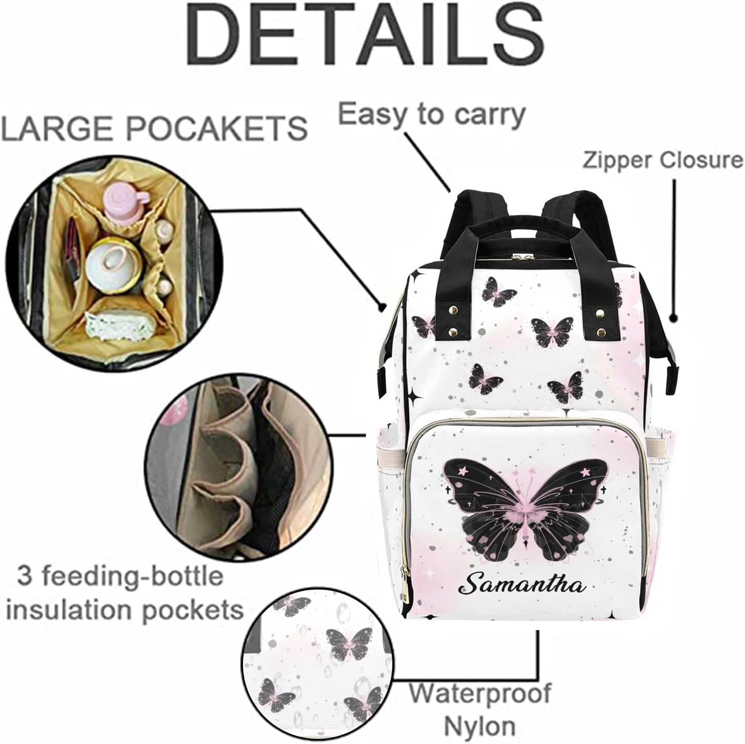 MOCHILA BOLSO MATERNAL WORKVALOR PERSONALIZABLE MARIPOSA NEGRO - 5