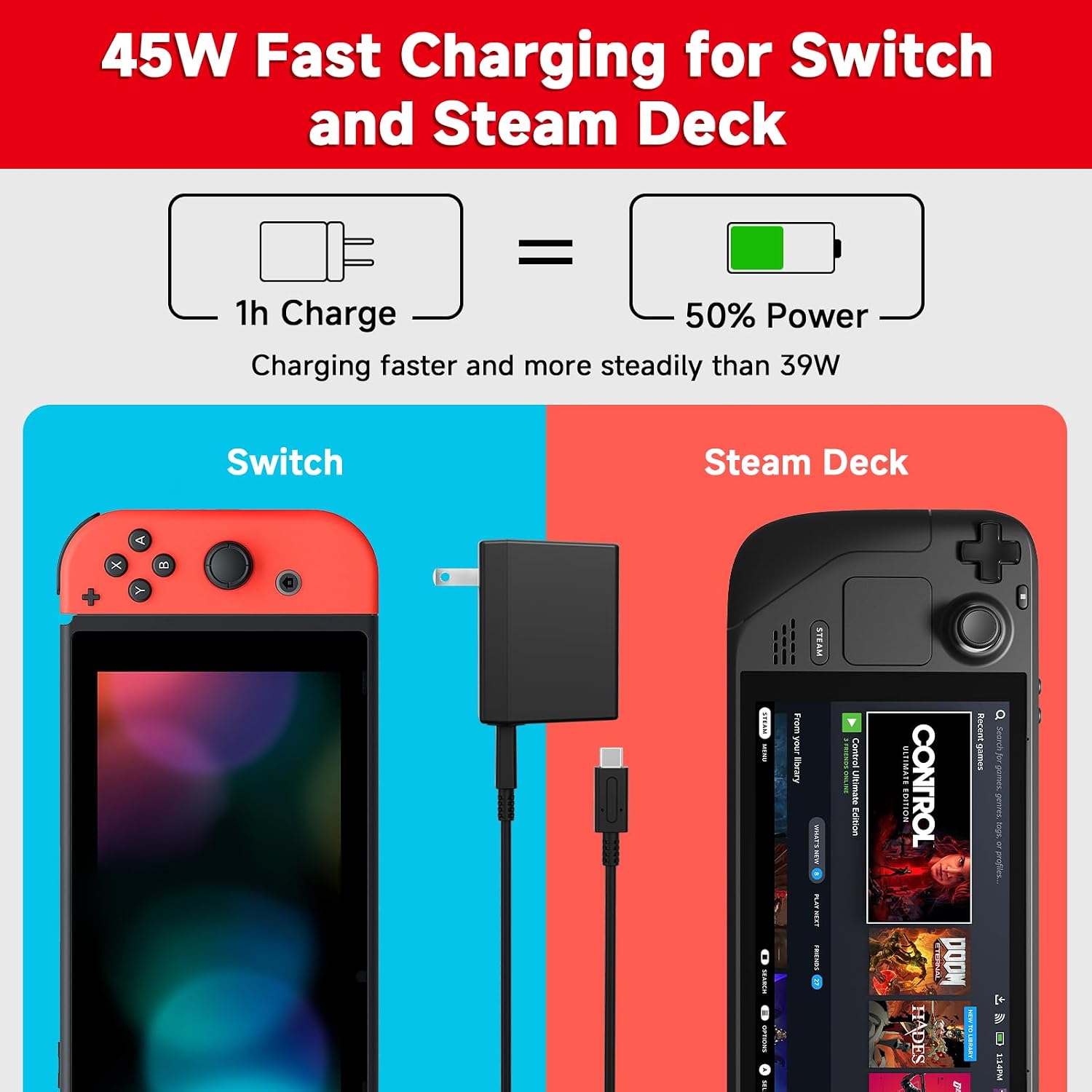 CARGADOR 2-PACK PARA NINTENDO SWITCH 45W CON CABLE USB-C DETACHABLE 5FT - 3