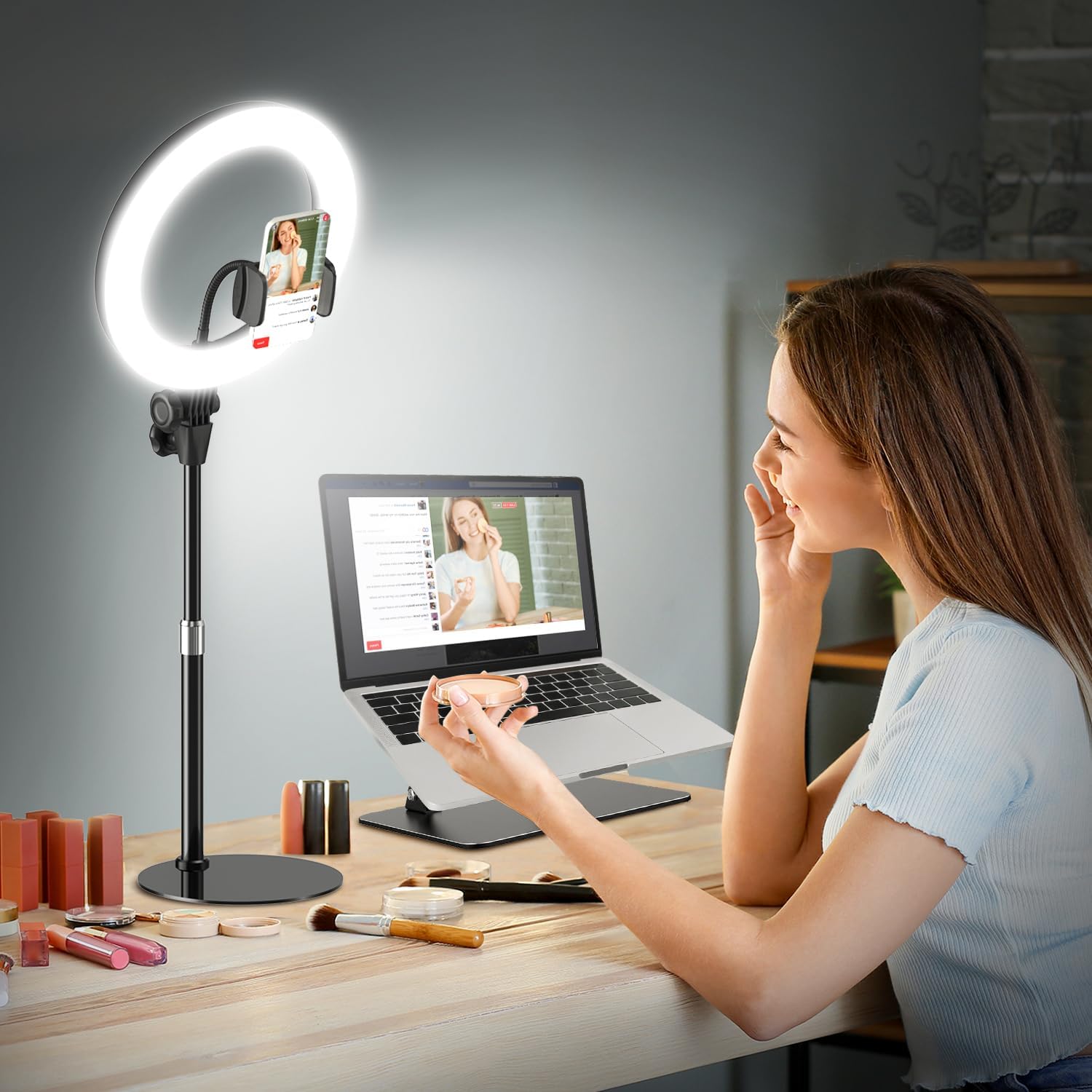 ILUMINADOR DE ANILLO DE ESCRITORIO 10 PULGADAS EVERSHOP CON SOPORTE Y SUJETADOR DE TELÉFONO - 1