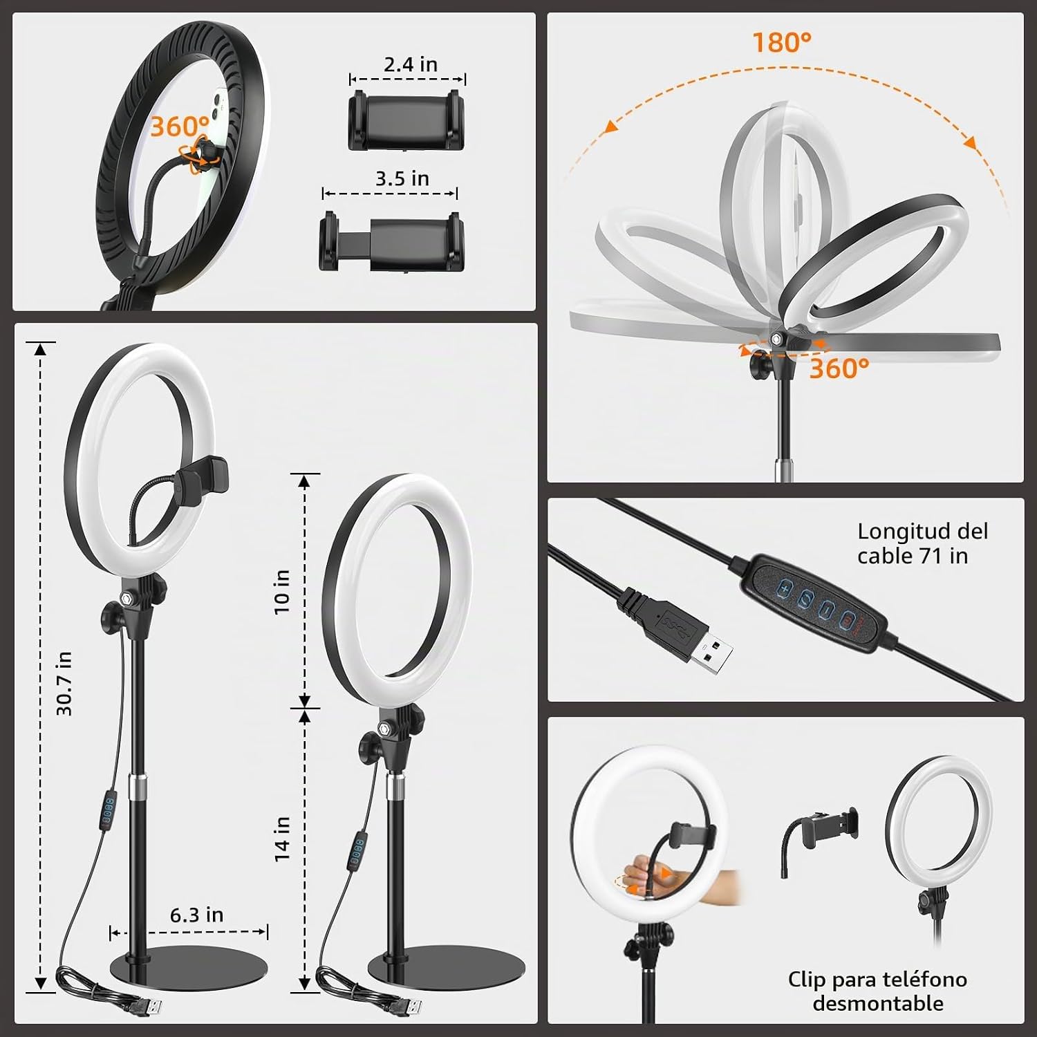 ILUMINADOR DE ANILLO DE ESCRITORIO 10 PULGADAS EVERSHOP CON SOPORTE Y SUJETADOR DE TELÉFONO - 5