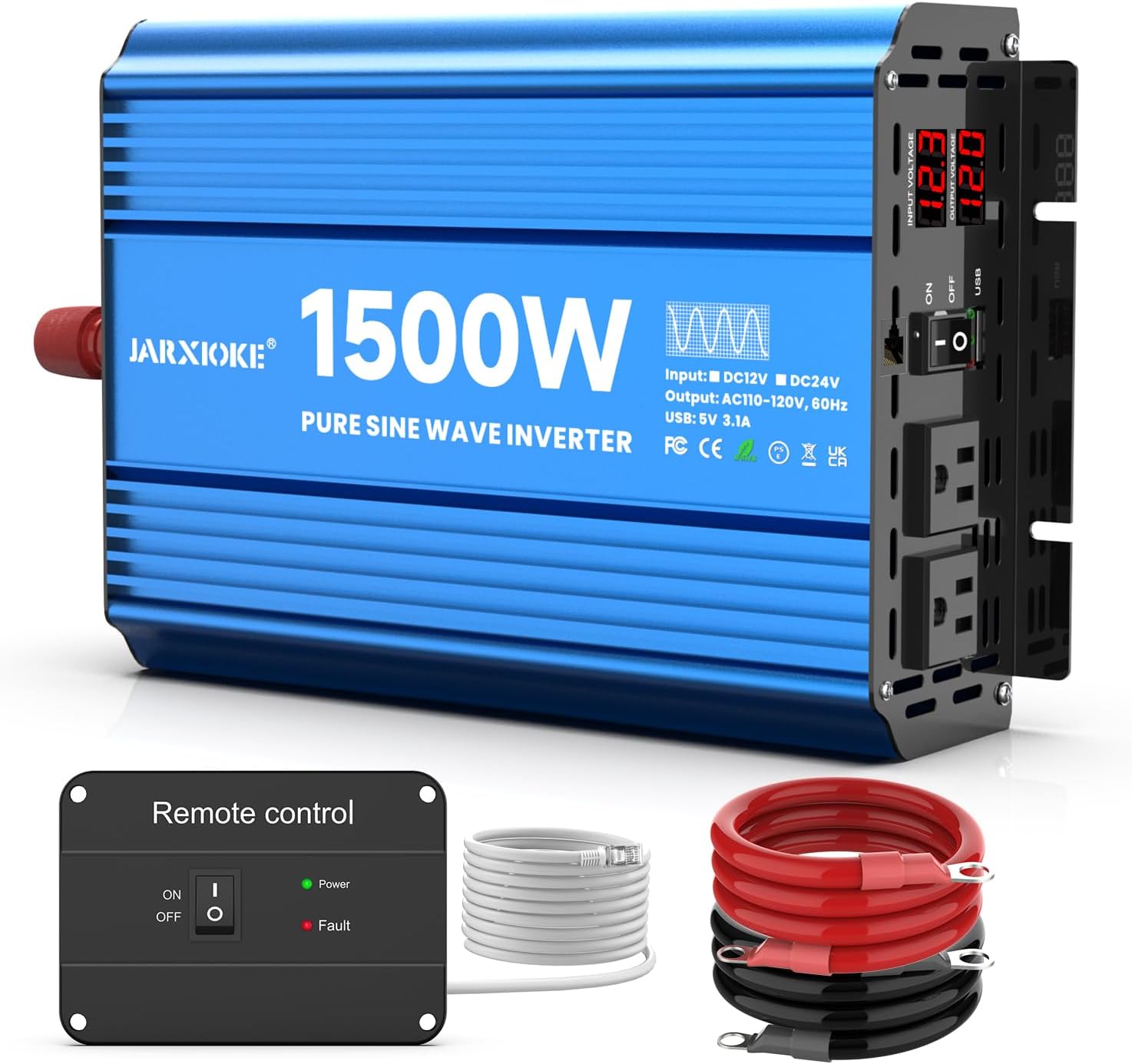 INVERSOR DE CORRIENTE JARXIOKE 1500W ONDA SENOIDAL PURA 12V A 120VAC - 1
