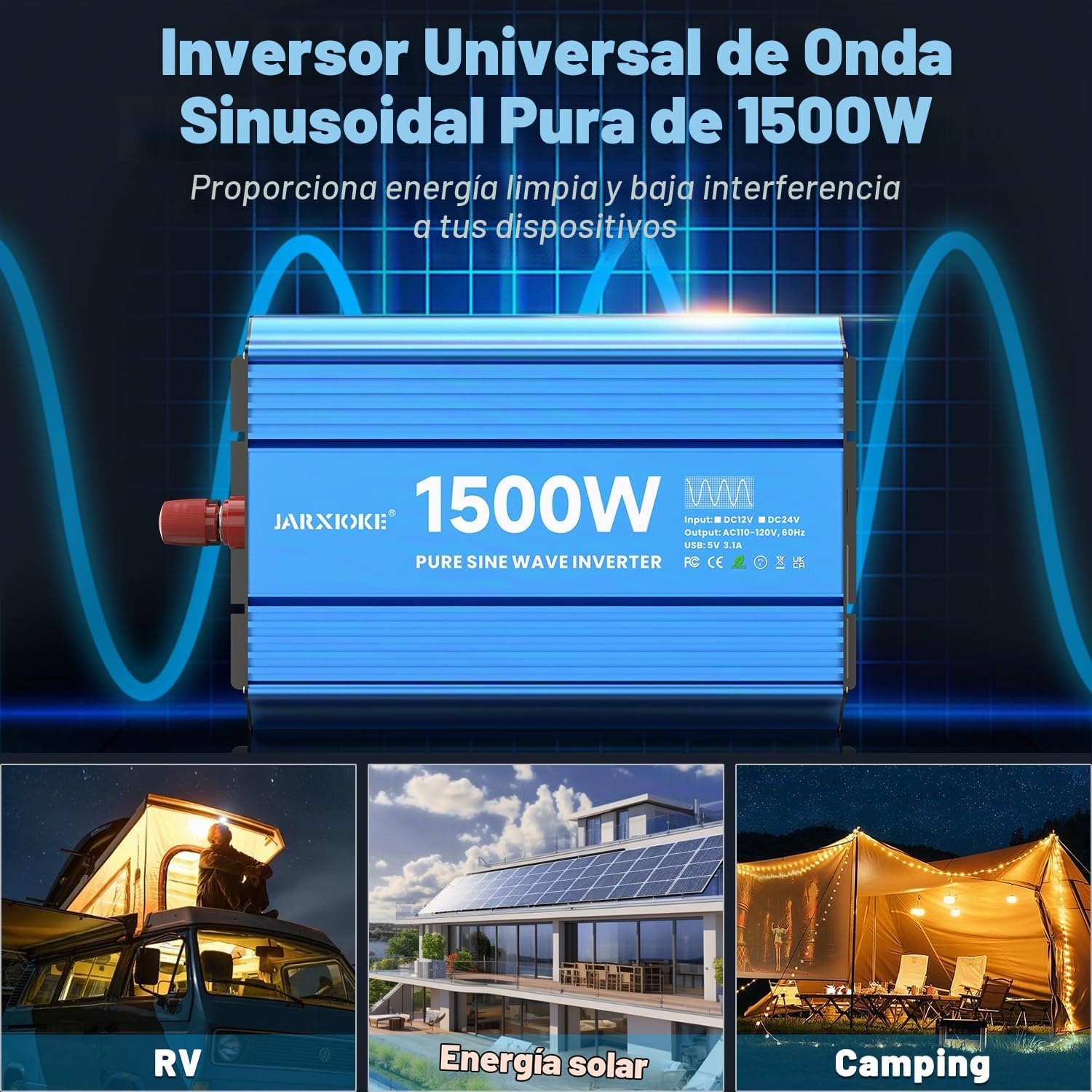 INVERSOR DE CORRIENTE JARXIOKE 1500W ONDA SENOIDAL PURA 12V A 120VAC - 2