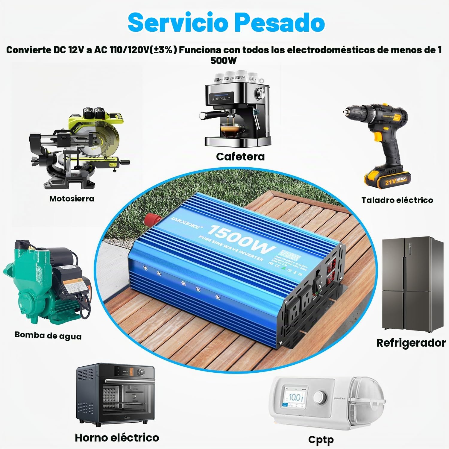 INVERSOR DE CORRIENTE JARXIOKE 1500W ONDA SENOIDAL PURA 12V A 120VAC - 4