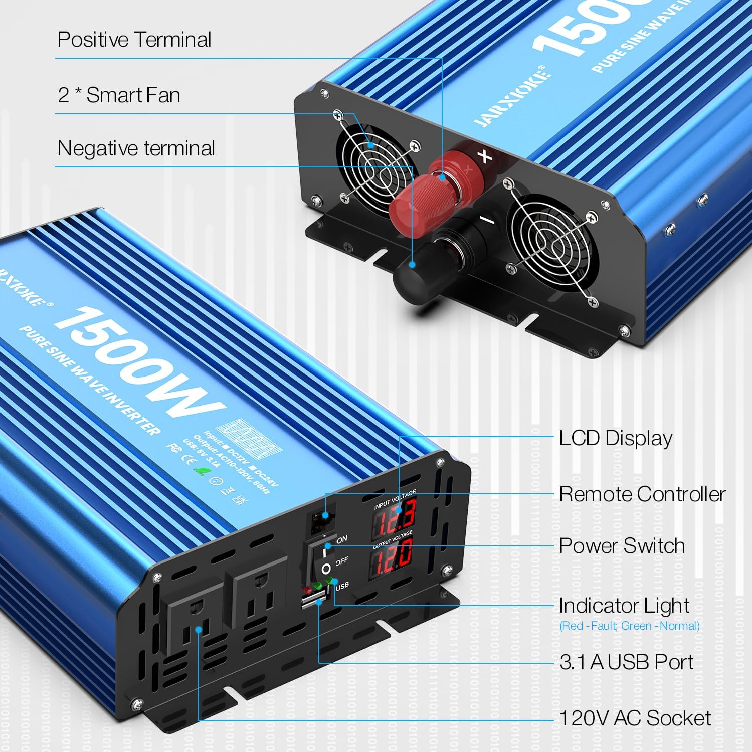 INVERSOR DE CORRIENTE JARXIOKE 1500W ONDA SENOIDAL PURA 12V A 120VAC - 5