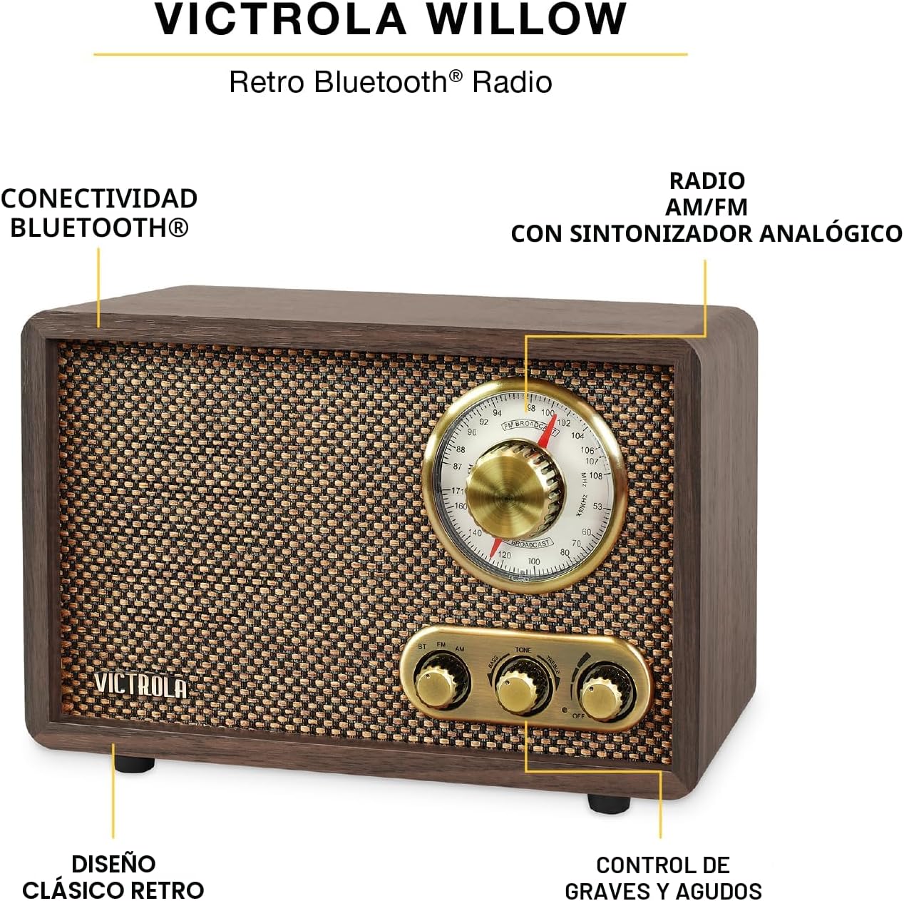 RADIO VICTROLA WILLOW RETRO BLUETOOTH AM/FM MADERA NATURAL - 2