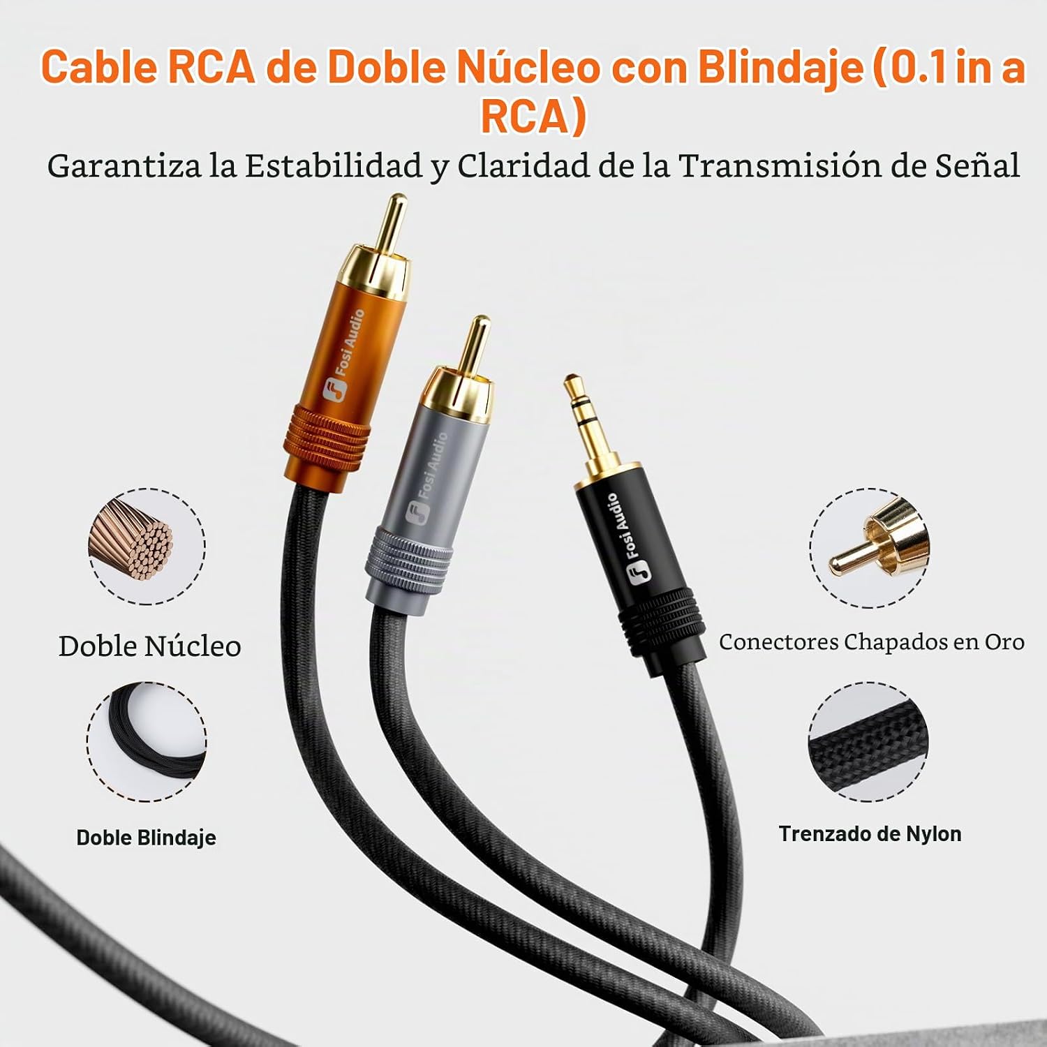 CABLE FOSI AUDIO 3.5MM A RCA 1.2M DUAL CORE CON CONECTORES DORADOS - 2