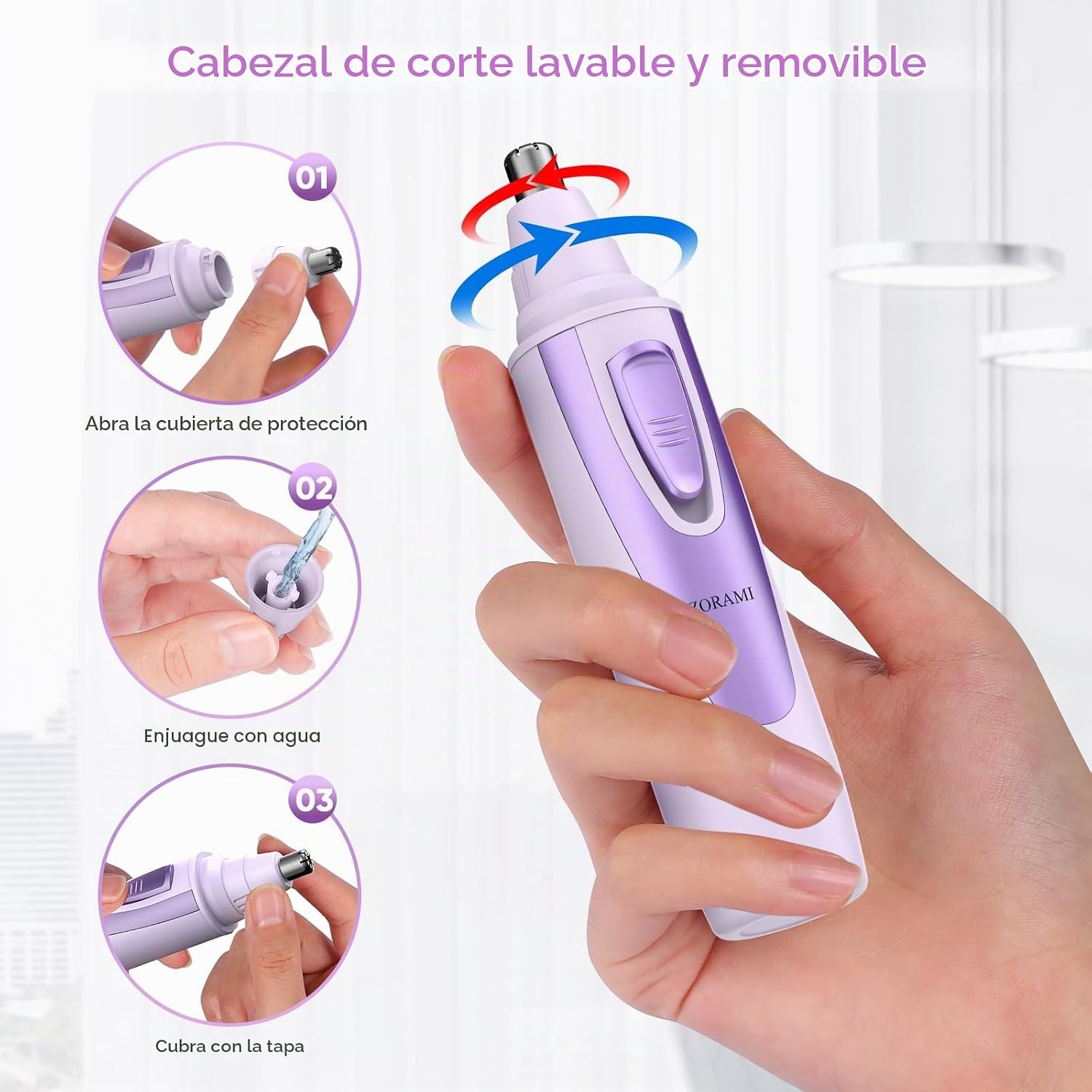 CORTADOR DE VELLO NASAL Y AURICULAR ZORAMI 2026 PROFESIONAL CON CUCHILLAS DUALES LAVABLE - 5