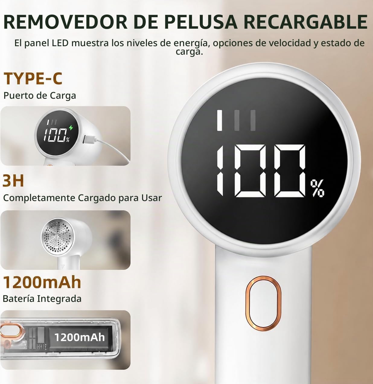 SACA PELUSAS ELÉCTRICO PEIYUU RECARGABLE CON 3 VELOCIDADES Y 6 CUCHILLAS - 3