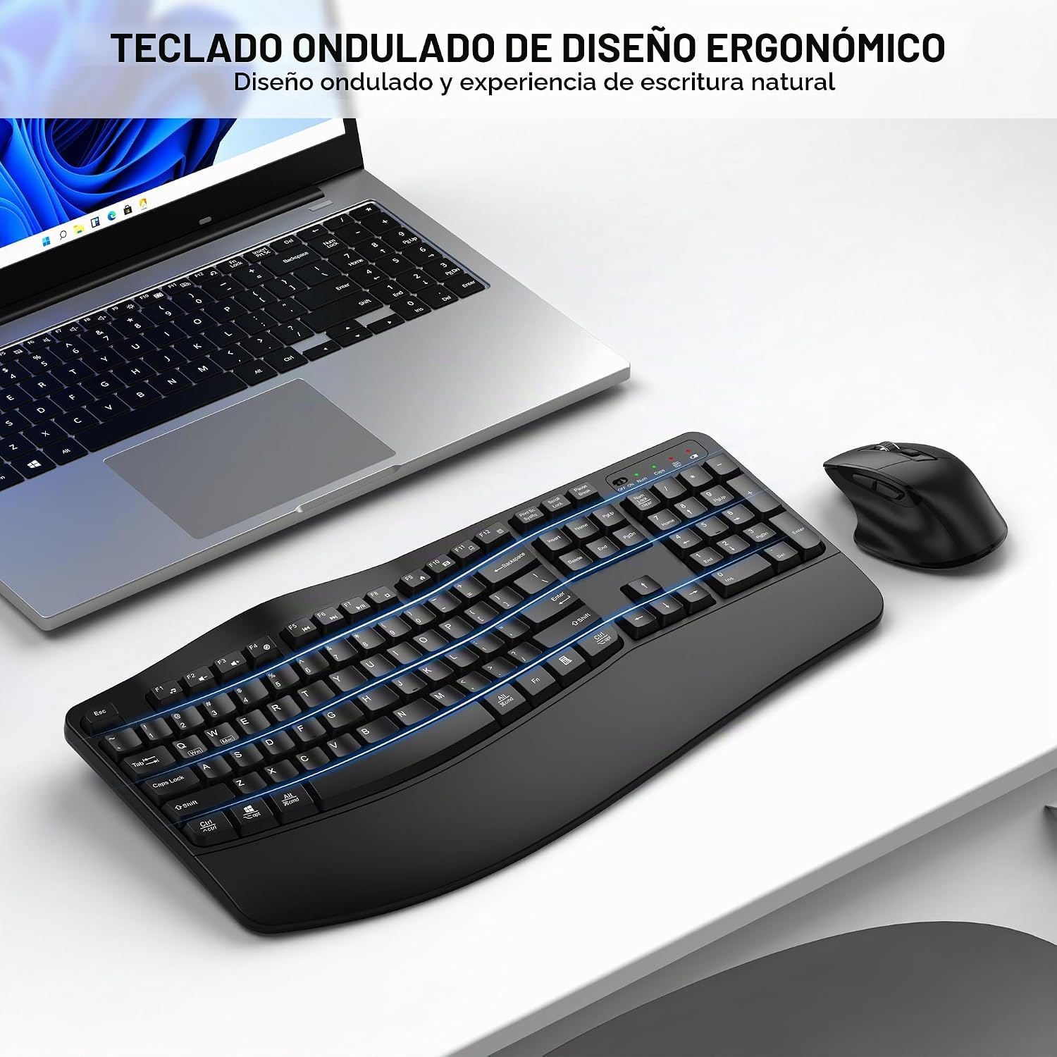 KIT INALÁMBRICO TECLADO Y MOUSE ULSOU ERGONÓMICO ONDA NEGRO - 2