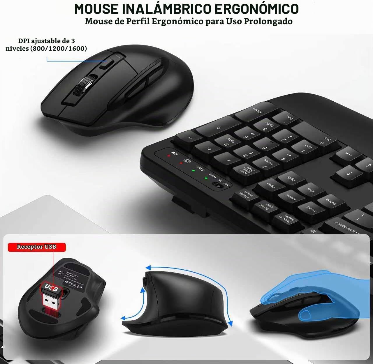 KIT INALÁMBRICO TECLADO Y MOUSE ULSOU ERGONÓMICO ONDA NEGRO - 4