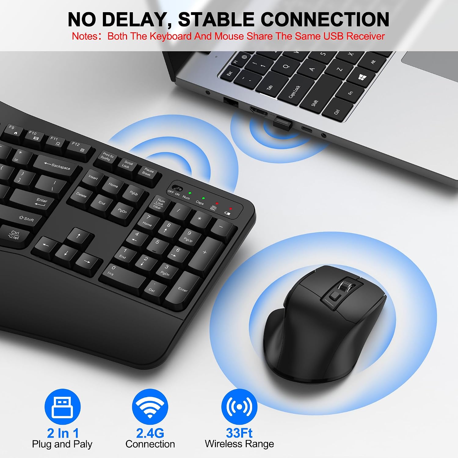 KIT INALÁMBRICO TECLADO Y MOUSE ULSOU ERGONÓMICO ONDA NEGRO - 5