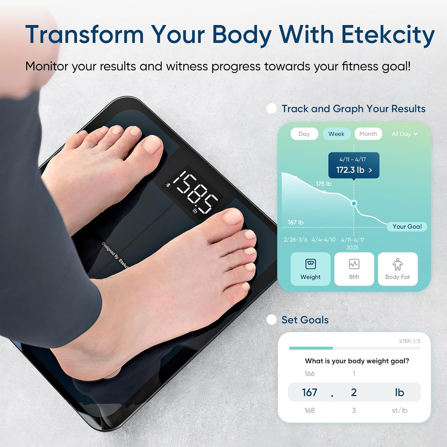 BÁSCULA INTELIGENTE ETEKCITY SMART SCALE PARA PESO CORPORAL, GRASA Y BMI - 4