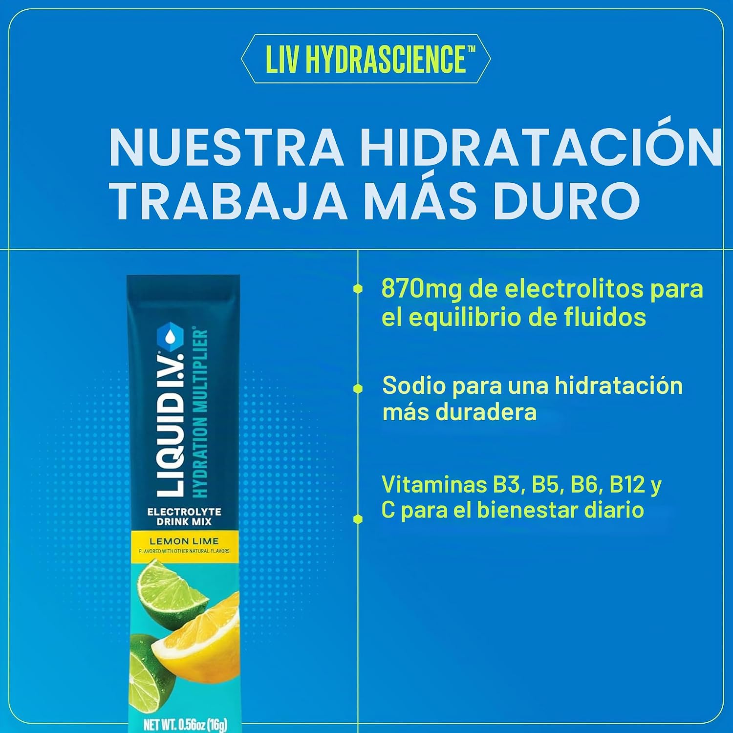SUPLEMENTO HIDRATANTE LIQUID I.V. HYDRATION ELECTROLYTES LIMÓN LIMA 16 SOBRES - 4