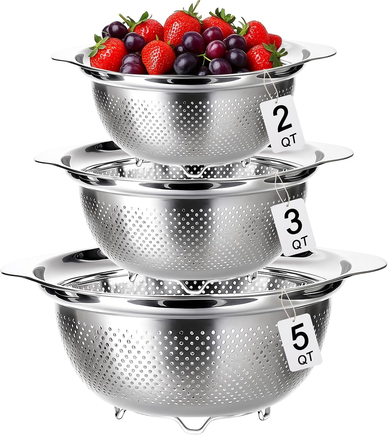 COLADOR DE ACERO INOXIDABLE TINSKY SET 3 PIEZAS 2QT 3QT 5QT - 1