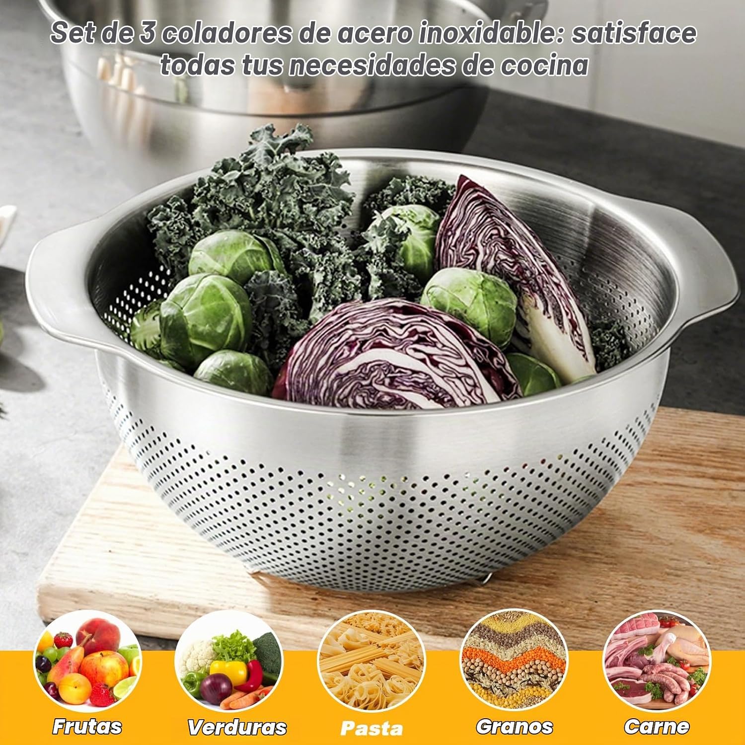 COLADOR DE ACERO INOXIDABLE TINSKY SET 3 PIEZAS 2QT 3QT 5QT - 3