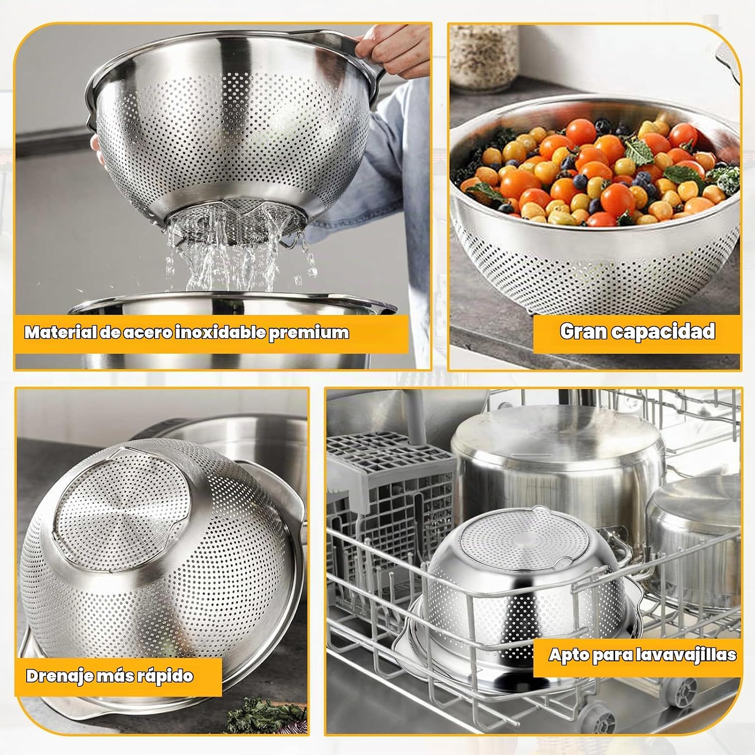 COLADOR DE ACERO INOXIDABLE TINSKY SET 3 PIEZAS 2QT 3QT 5QT - 4