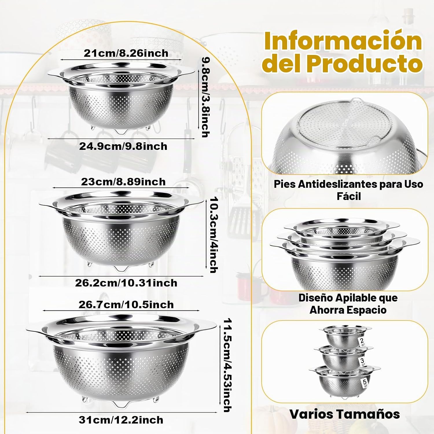 COLADOR DE ACERO INOXIDABLE TINSKY SET 3 PIEZAS 2QT 3QT 5QT - 5
