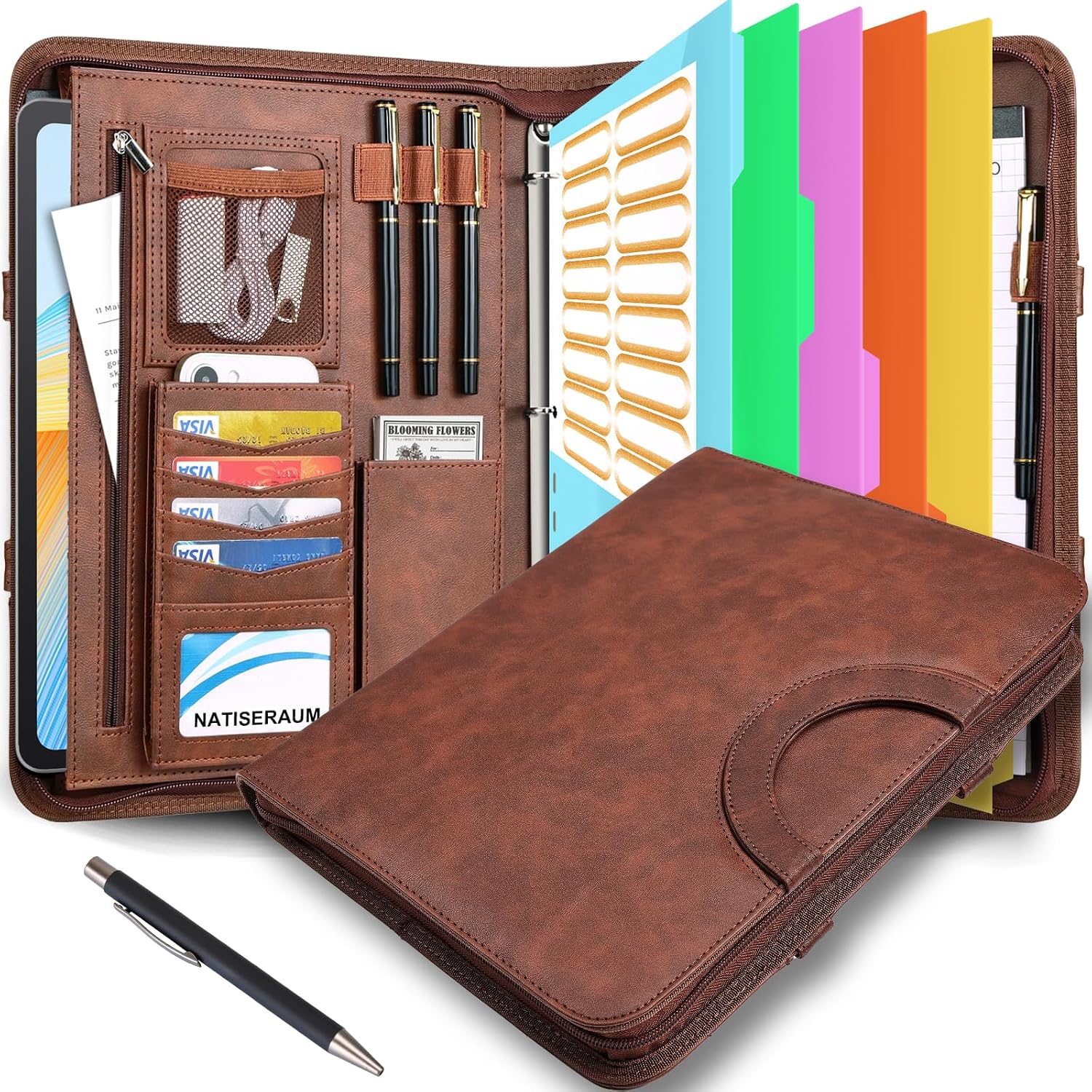 ESTUCHE ORGANIZADOR NATISERAUM PADFOLIO CON ASA Y 3 ANILLOS MARRÓN CON 5 PROTECTORES COLORIDOS - 1
