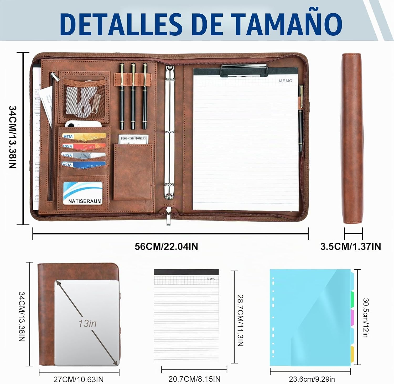 ESTUCHE ORGANIZADOR NATISERAUM PADFOLIO CON ASA Y 3 ANILLOS MARRÓN CON 5 PROTECTORES COLORIDOS - 2