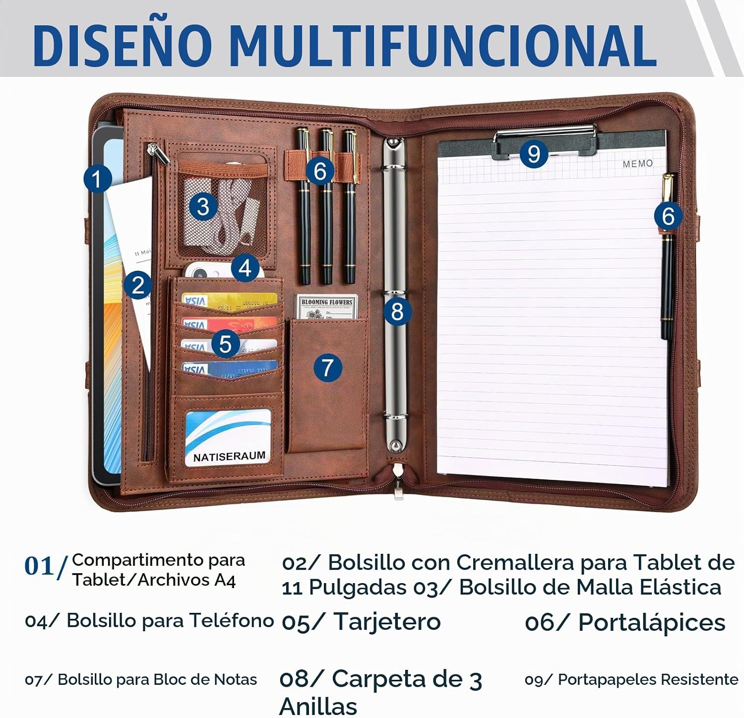 ESTUCHE ORGANIZADOR NATISERAUM PADFOLIO CON ASA Y 3 ANILLOS MARRÓN CON 5 PROTECTORES COLORIDOS - 4
