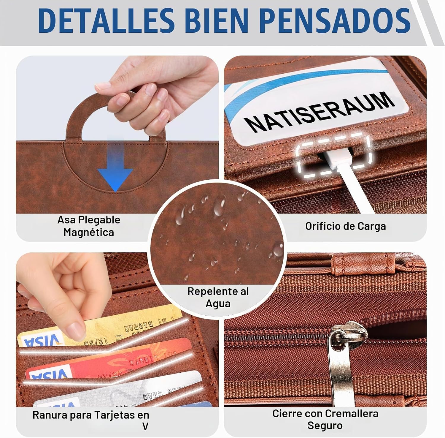 ESTUCHE ORGANIZADOR NATISERAUM PADFOLIO CON ASA Y 3 ANILLOS MARRÓN CON 5 PROTECTORES COLORIDOS - 5