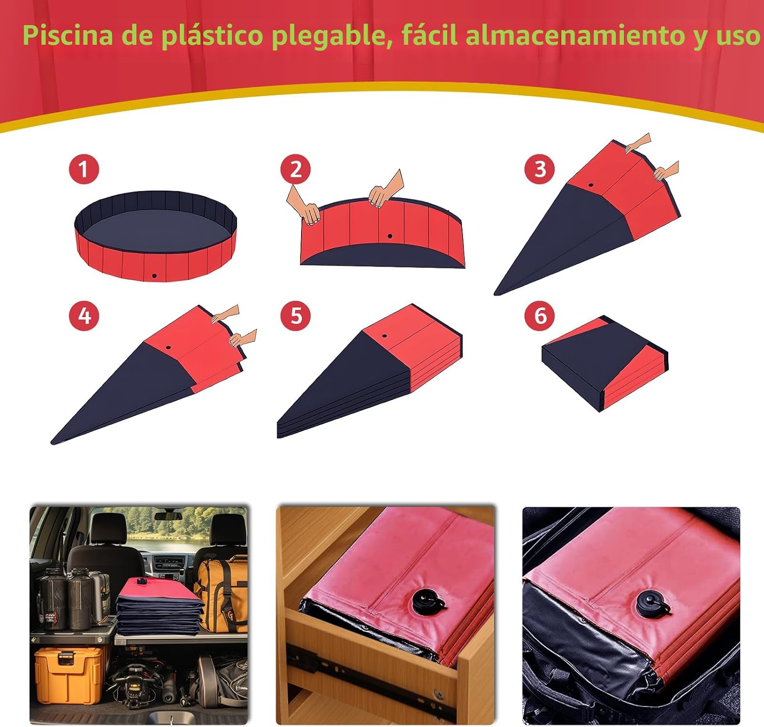 PISCINA PLEGABLE PARA PERROS CACSPS 81X20 CM ROJA - 5