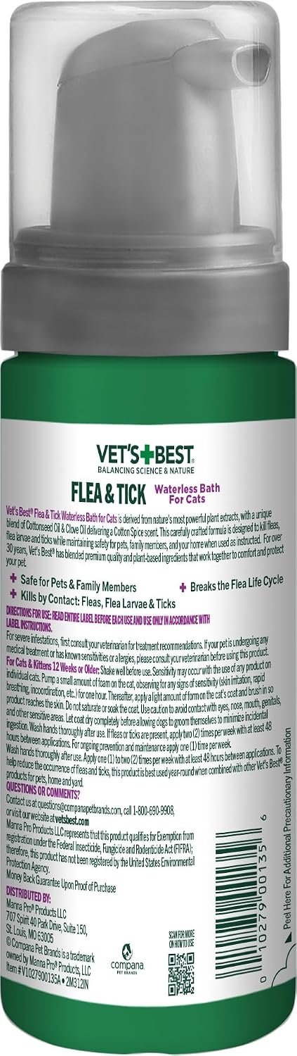 BAÑO SECO ANTIPULGAS Y GARRAPATAS PARA GATOS VET'S BEST 5 OZ - 2