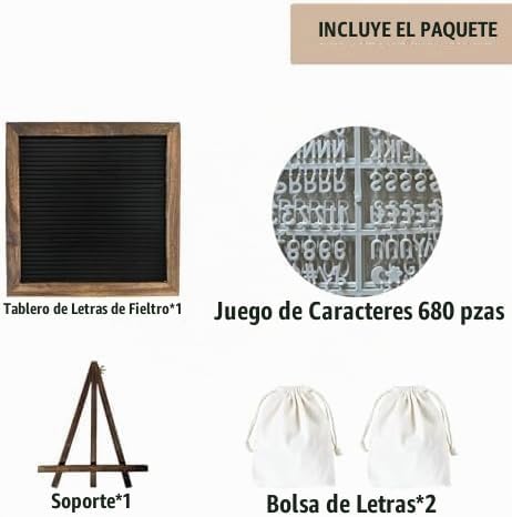 CARTEL DE FIELTRO TRENDARTI 10X10 PULGADAS CON 340 LETRAS Y SÍMBOLOS, MARCO DE MADERA MARRÓN OSCURO - 5