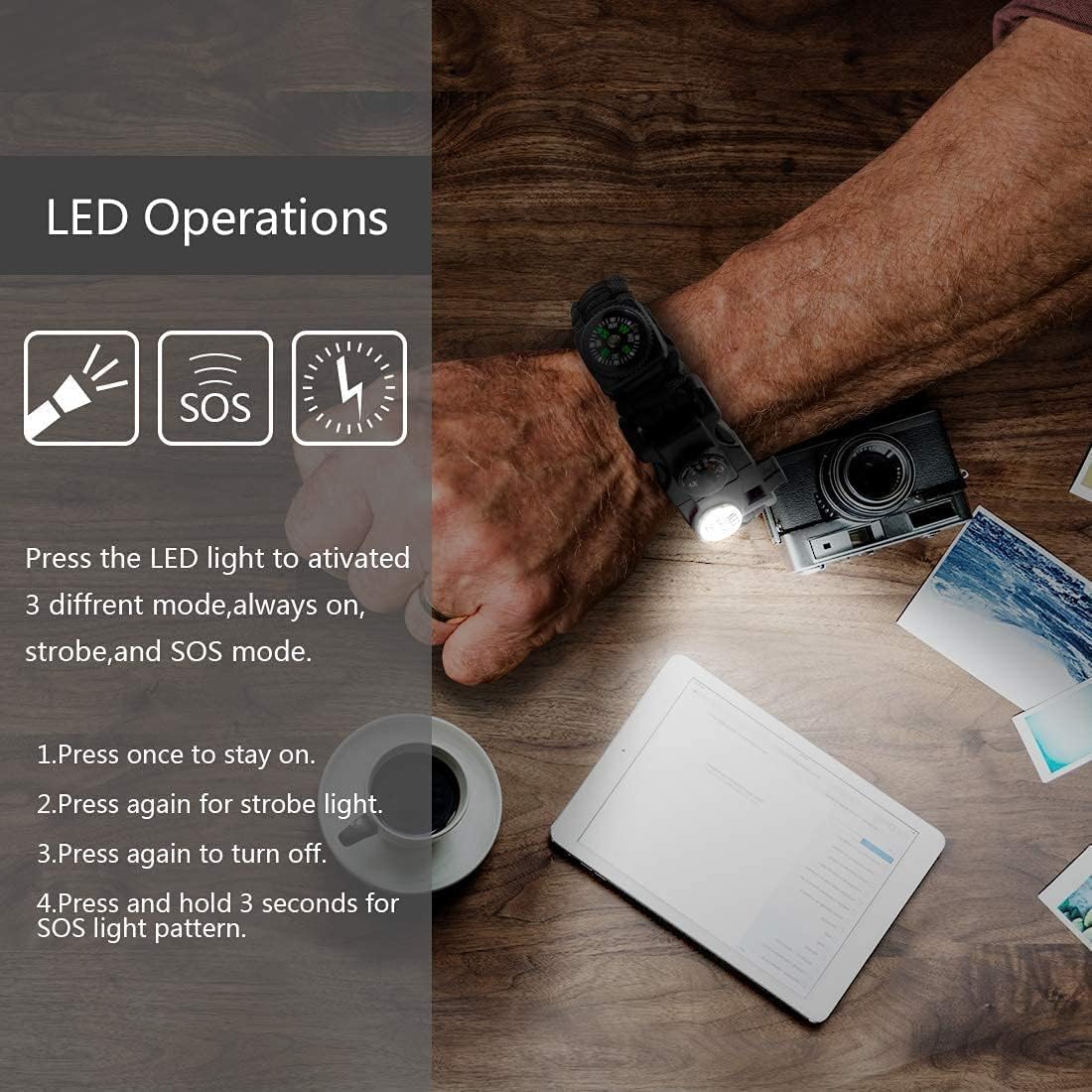 PULSERA DE SUPERVIVENCIA NVIOASPORT 20 EN 1 CON LUZ LED SOS Y BRÚJULA AJUSTABLE - 3